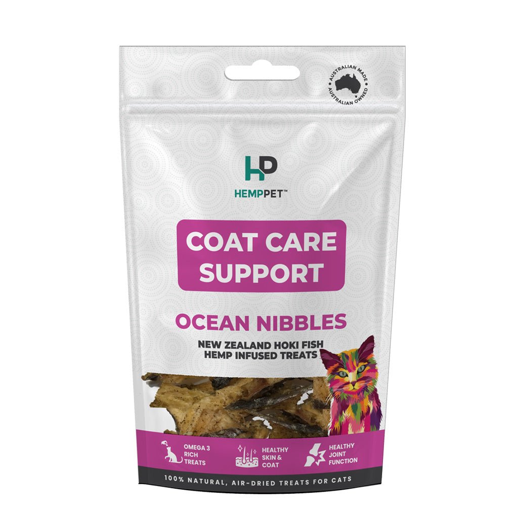 Coat Care Support | New Zealand Hoki Fish Hemp Infused Treats for Cats 70g - HempPet.com.au