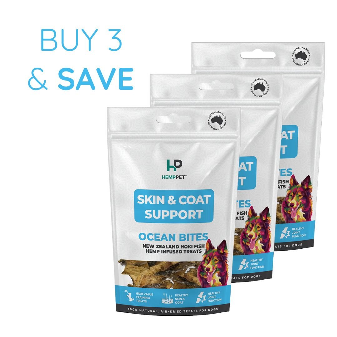 Skin & Coat Support | New Zealand Hoki Fish Hemp Infused Treats for Dogs 70g | Buy 3 and Save - HempPet.com.au