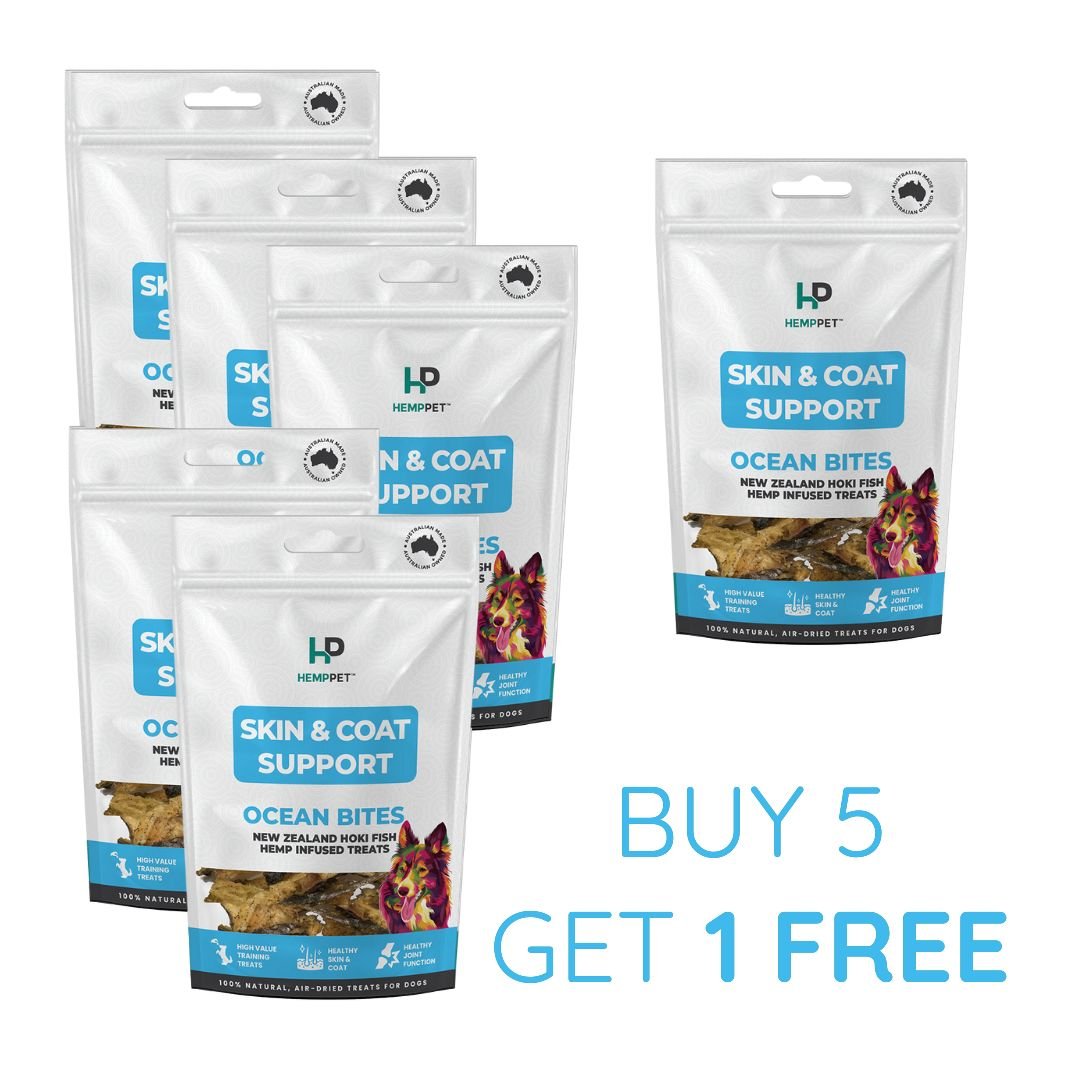 Skin & Coat Support | New Zealand Hoki Fish Hemp Infused Treats for Dogs 70g | Buy 5 get 1 Free - HempPet.com.au