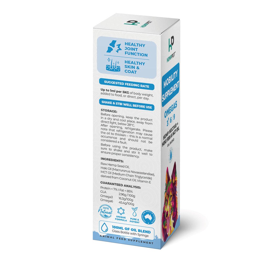 Mobility Supplement | Hemp Seed Nectar Oil Blend with Hoki Fish & MCT Oil for Dogs 100ml - HempPet.com.au