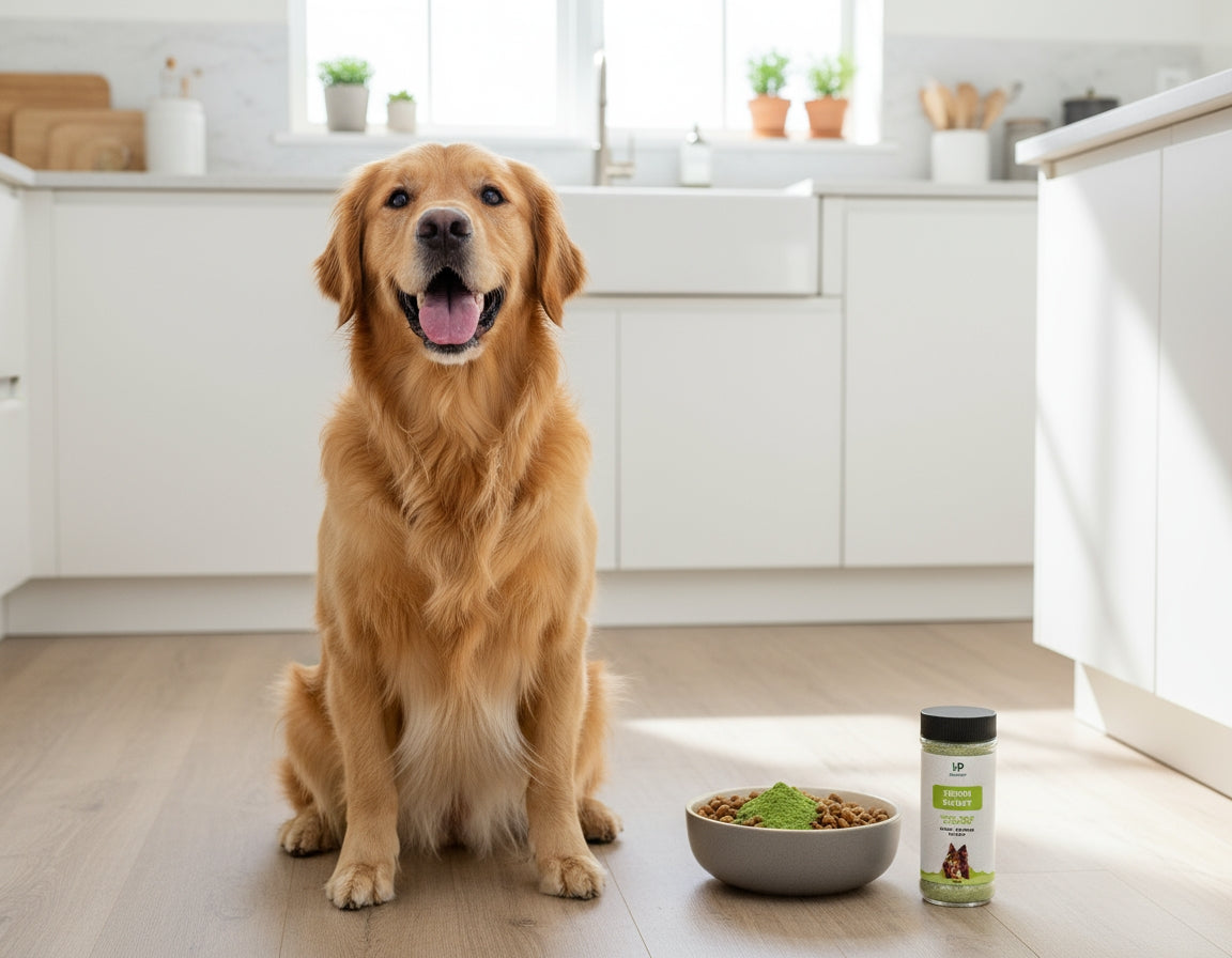 Dog in the kitchen sitting next to the bowl and Fresh Snout Jar