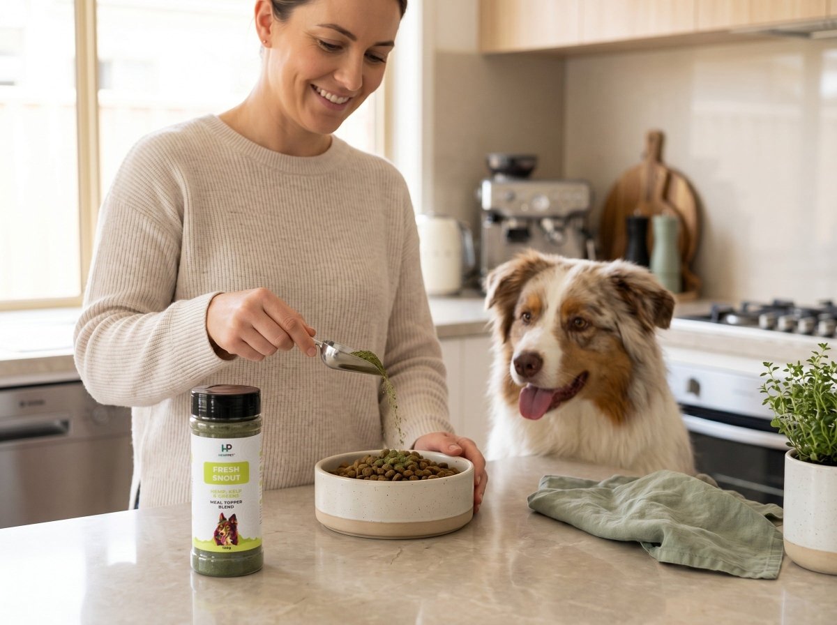 Dog beside food bowl with HempPet Fresh Snout daily breath support topper.