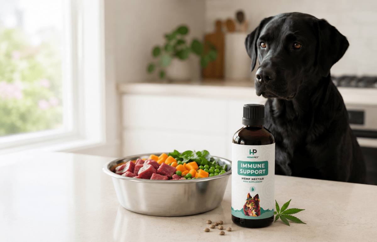 Bottle of HempPet Hemp Nectar raw cold-pressed hemp seed oil beside a dog's meal bowl