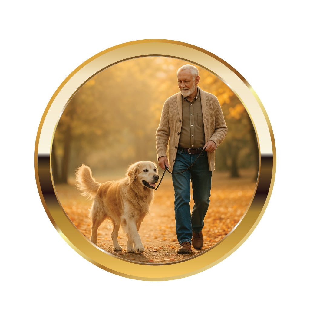 Dog waling in the park with his owner on a lead