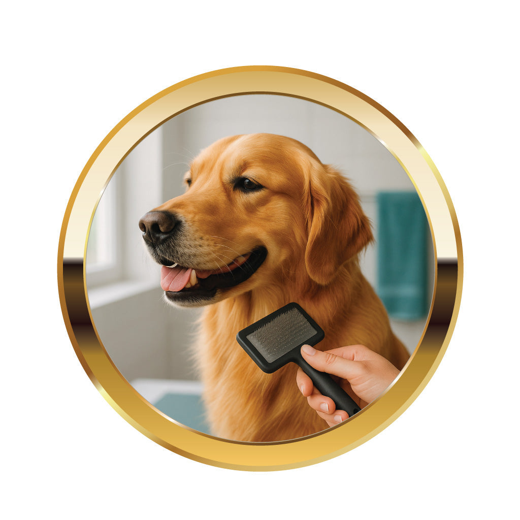 Golden Retriever is being brushed