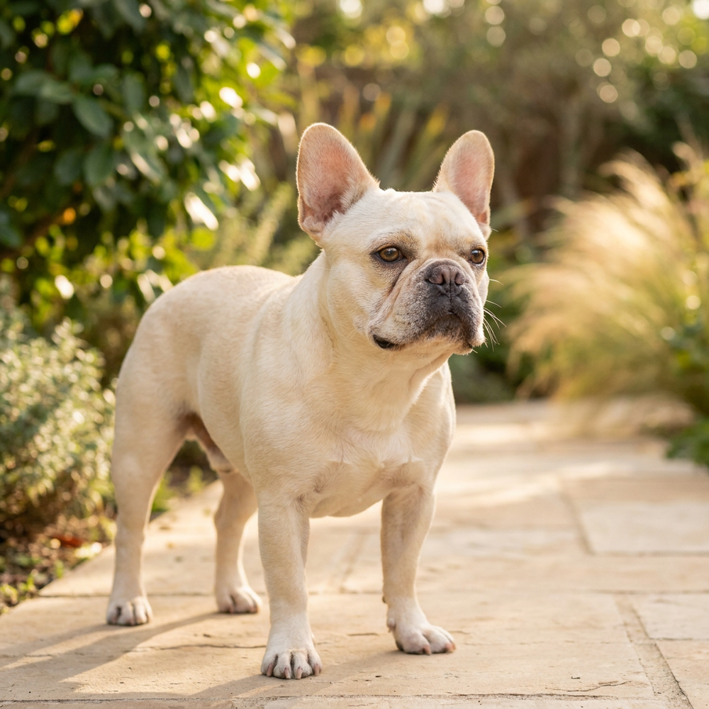 Comfortable French Bulldog outdoors for Gland Ease digestive support