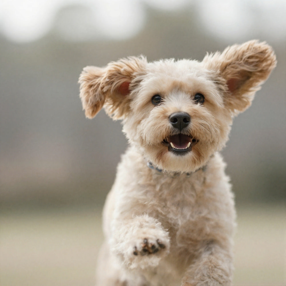 Happy small dog running outdoors to represent everyday vitality and wellbeing
