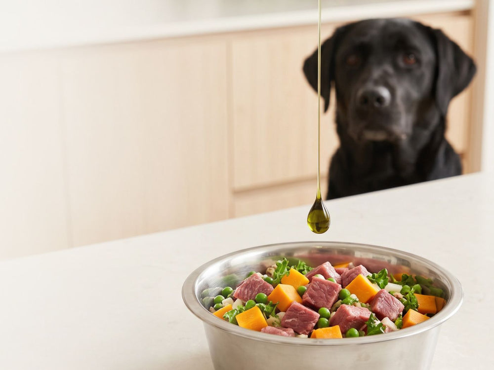 HempPet Hemp Nectar being added to a dog’s daily meal