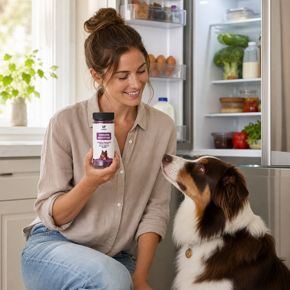 Pet owner holding HempPet Immune Booster beside an open fridge with dog looking up