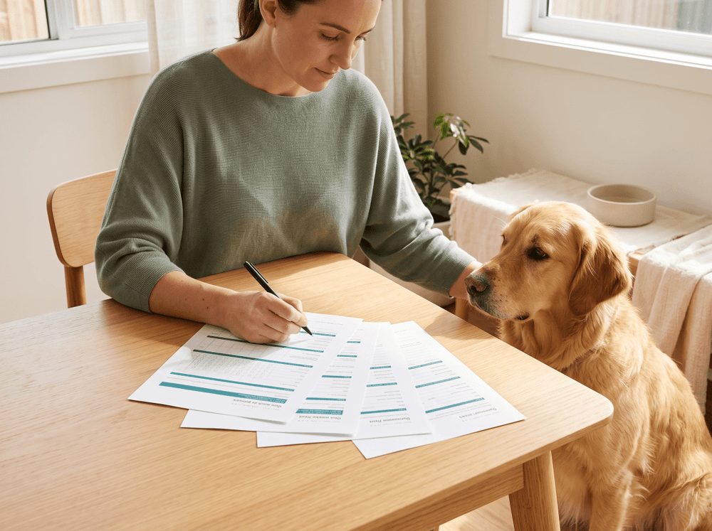 An owner filling in a weekly record sheet of the Itchy Dog Workbook at a kitchen bench, with a dog nearby