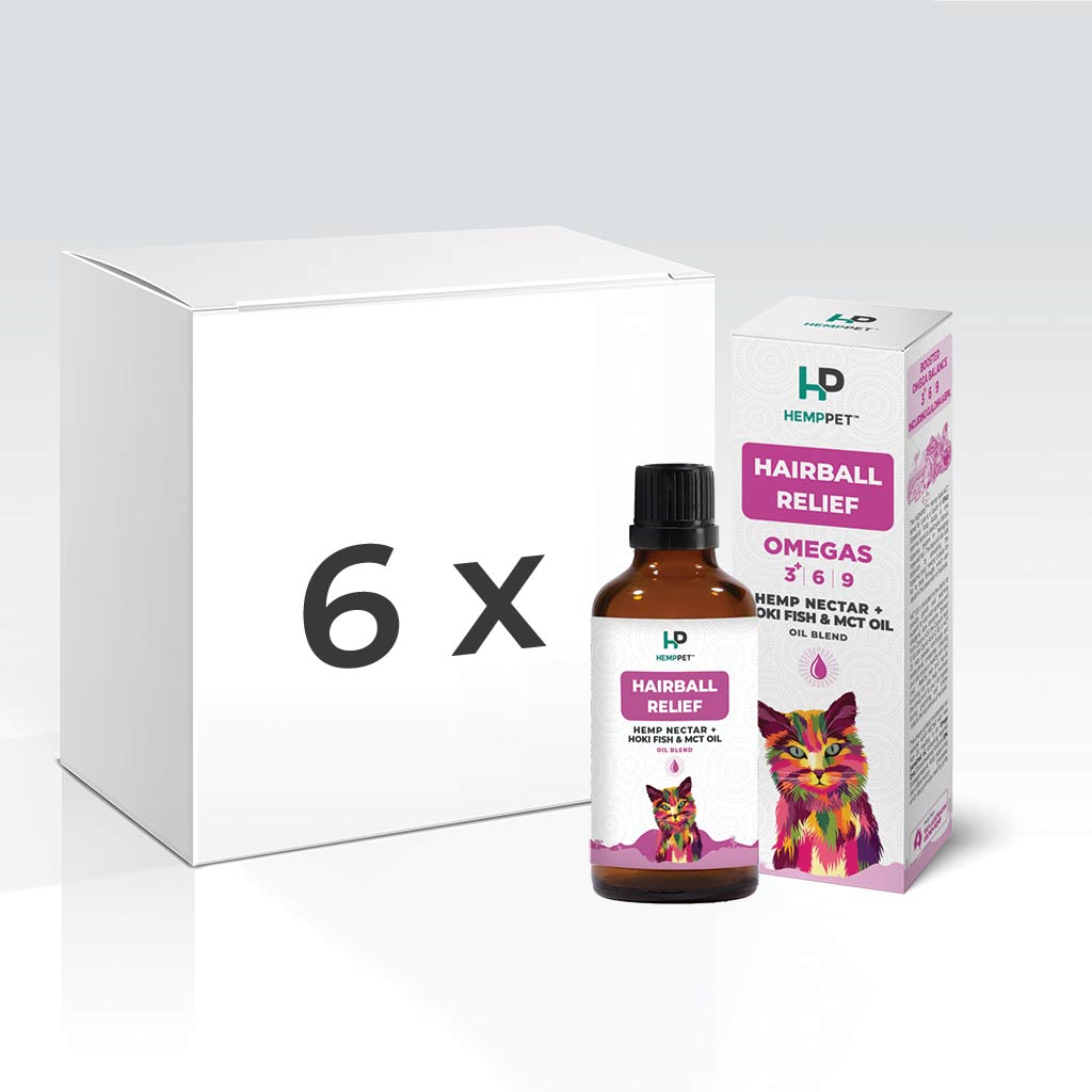 Cat | Oil | Box of 6 | Hairball Relief | Hemp Oil Blend with Hoki Fish and MCT Oil for Cats 100ml - HempPet.com.au