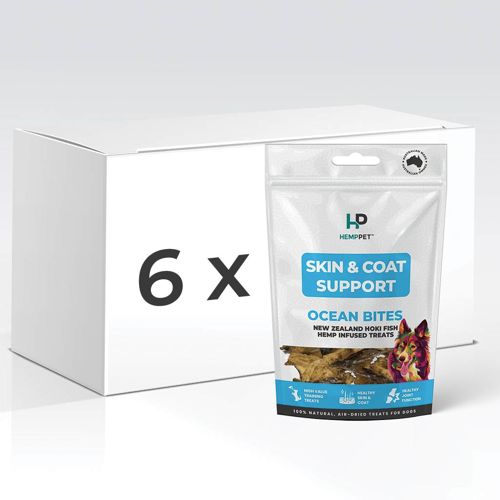 Dog | Treats | Box of 6 | Skin & Coat Support | Ocean Bites | New Zealand Hoki Fish Hemp Infused Treats for Dogs 70g - HempPet.com.au