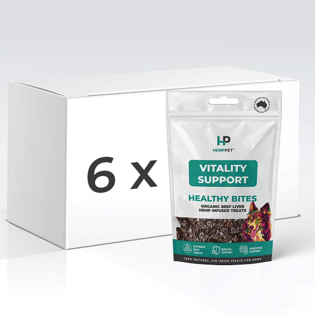 Dog | Treats | Box of 6 | Vitality Support | Healthy Bites | Organic Beef Liver Hemp Infused Treats for Dogs 80g - HempPet.com.au