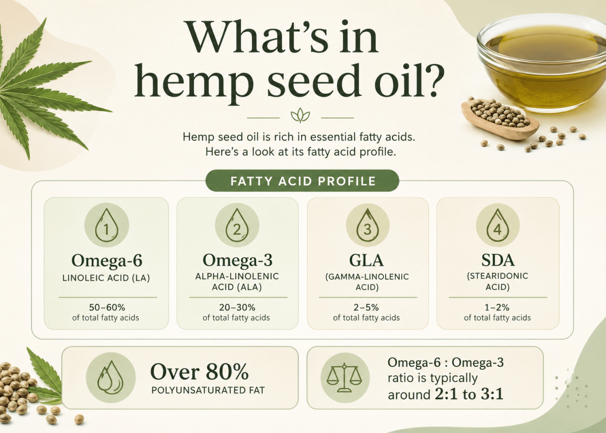 Fatty acids in hemp seed oil: omega-6 linoleic acid and omega-3 alpha-linolenic acid, with smaller amounts of GLA and SDA.