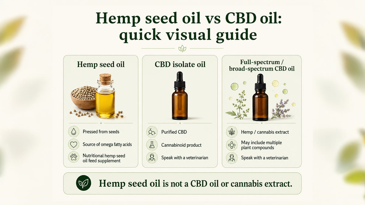 Comparison of hemp seed oil, CBD isolate oil and full- or broad-spectrum CBD oil.