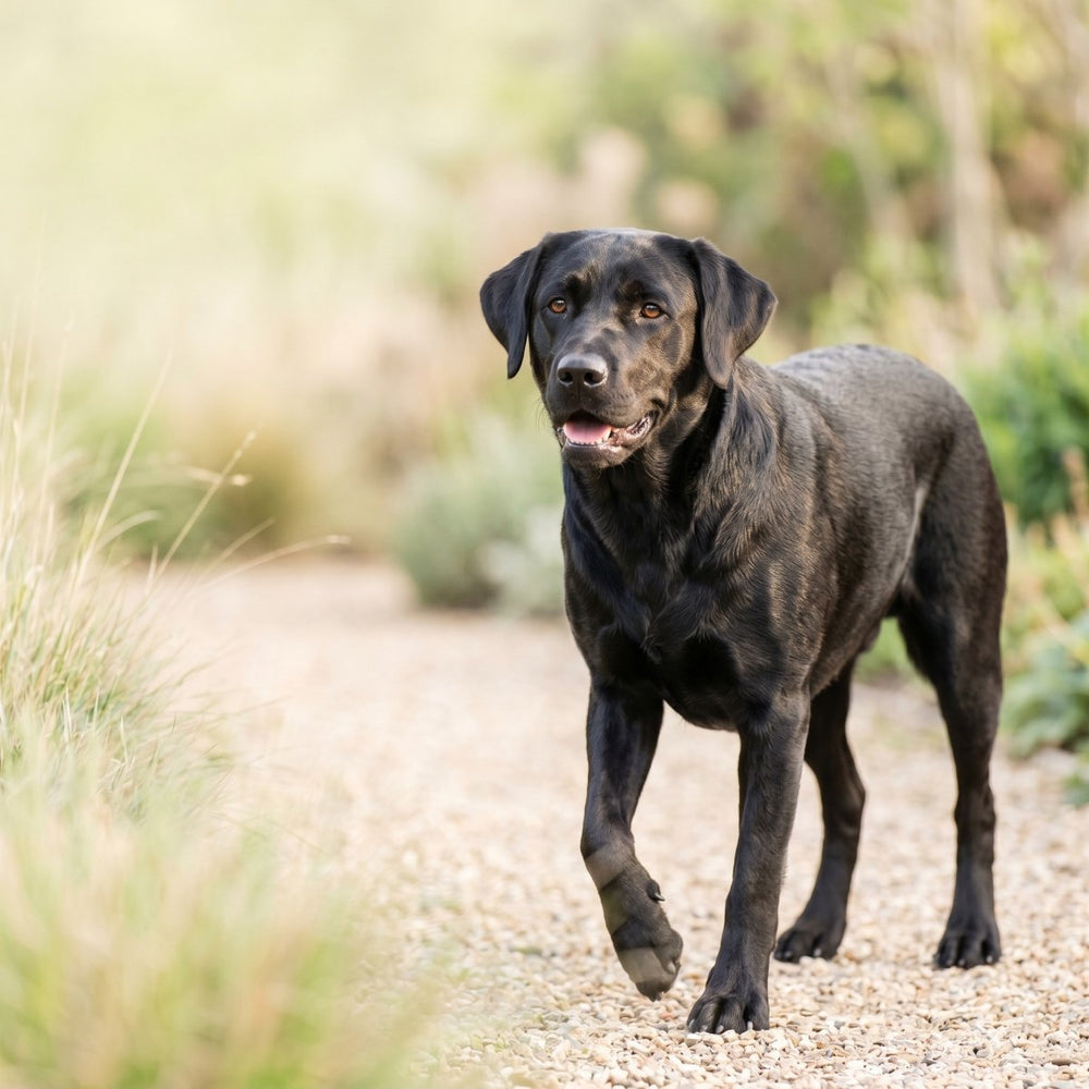 HempPet Black labrador in the field