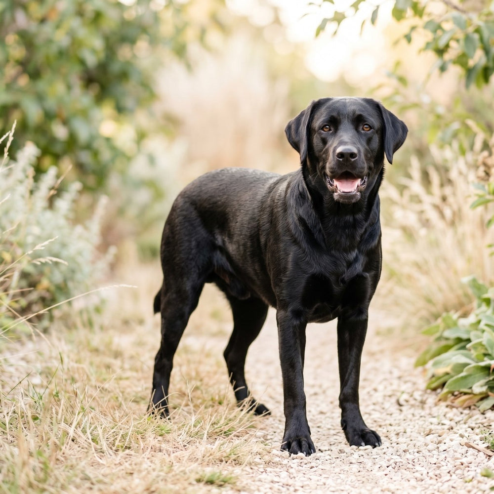 Black Labrador walking outdoors in a grassy field
