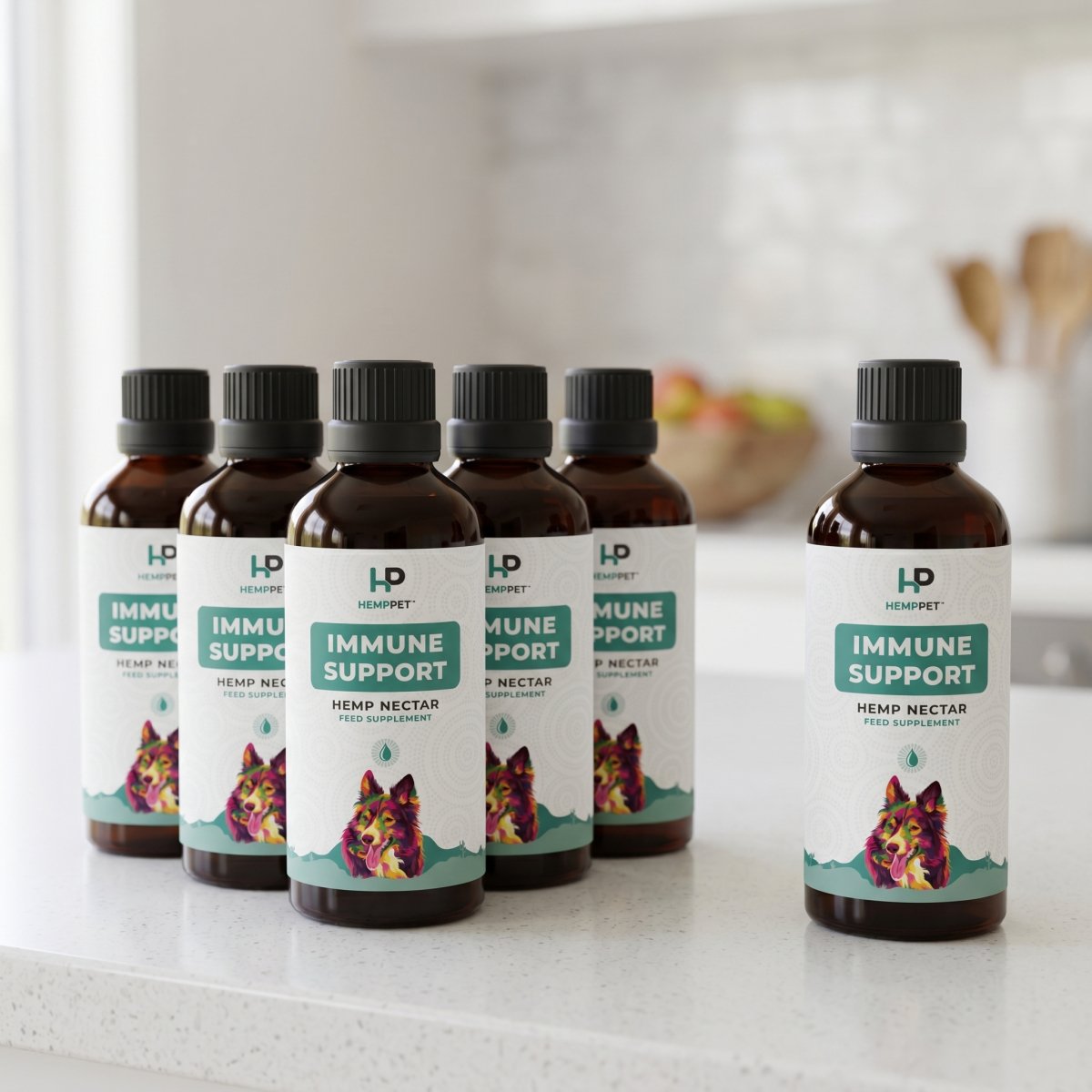 Six bottles of HempPet Hemp Nectar for dogs, Buy 5 Get 1 Free pack