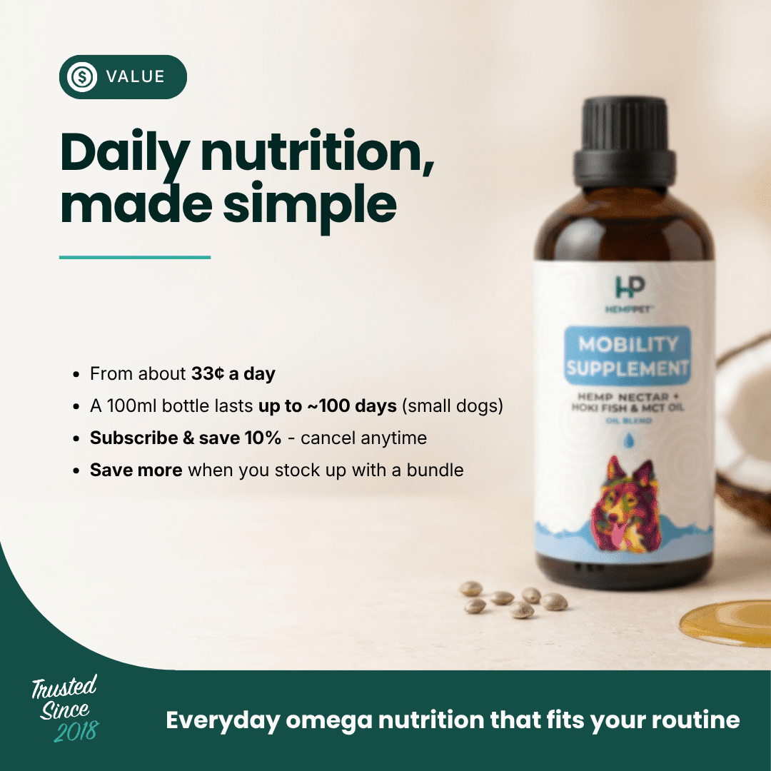Mobility Supplement | Hemp Seed Nectar Oil Blend with Hoki Fish & MCT Oil for Dogs 100ml - HempPet.com.au