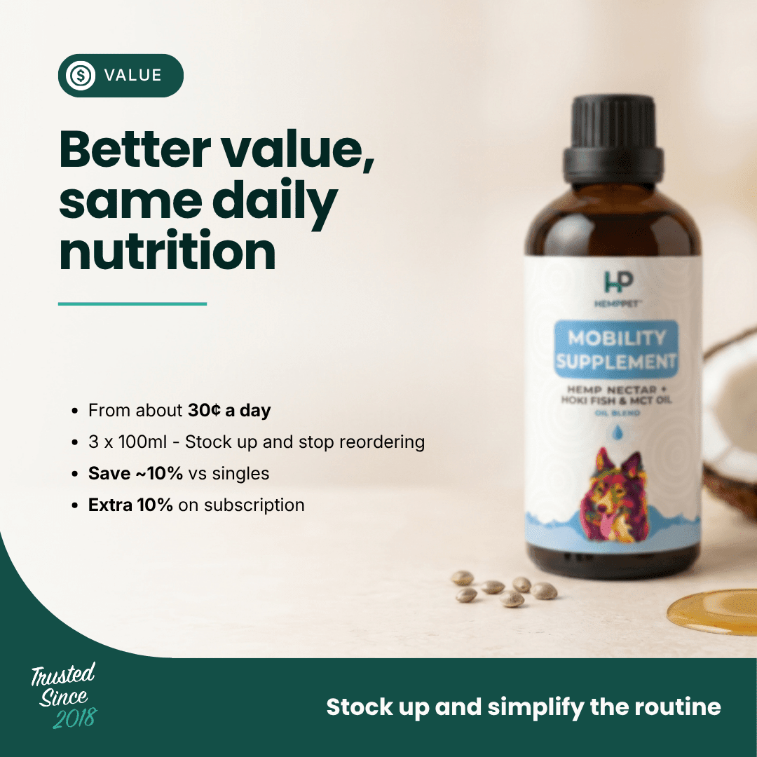 Mobility Supplement | Hemp Seed Nectar Oil Blend With Hoki Fish & MCT Oil for Dogs | Buy 3 and Save - HempPet.com.au