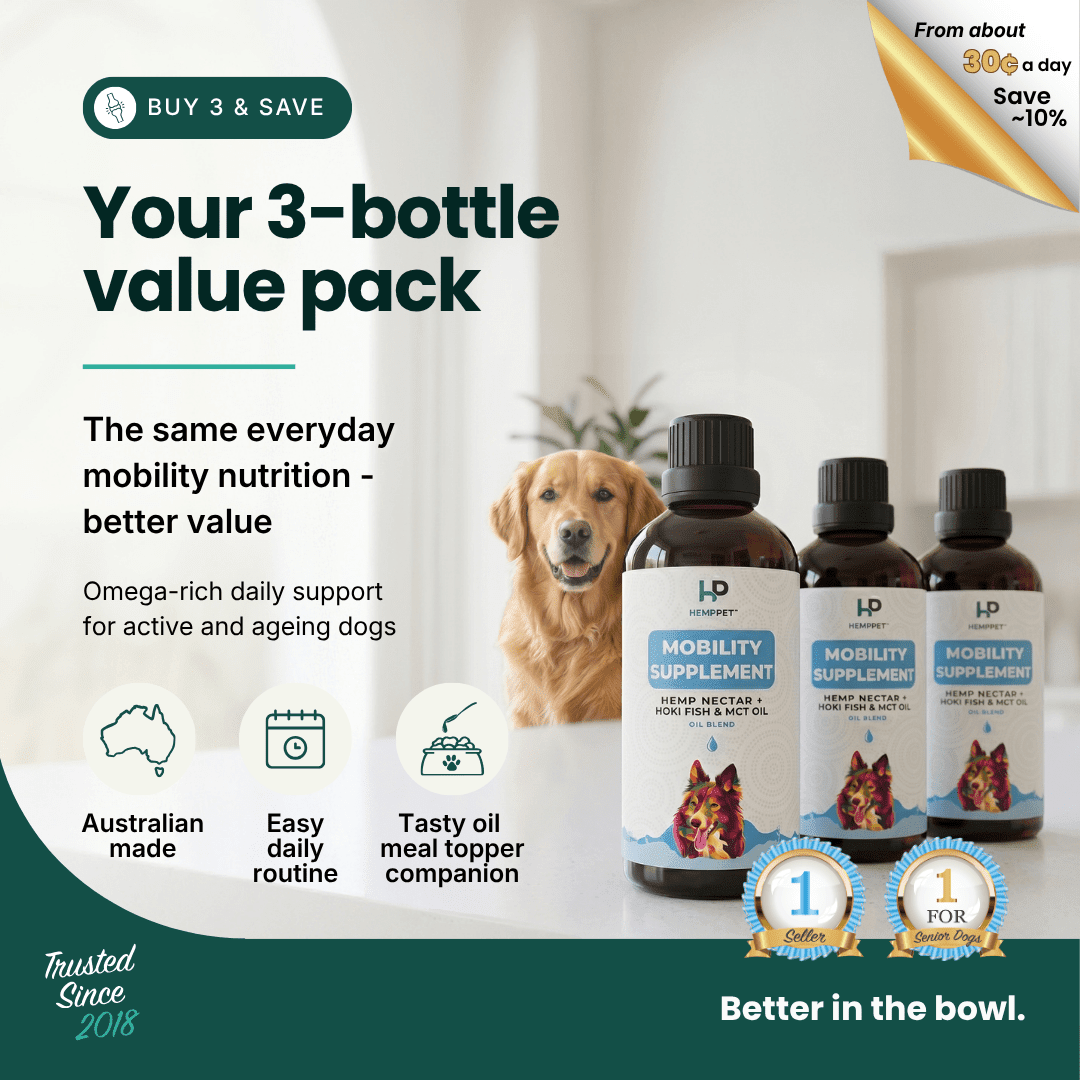Mobility Supplement | Hemp Seed Nectar Oil Blend With Hoki Fish & MCT Oil for Dogs | Buy 3 and Save - HempPet.com.au