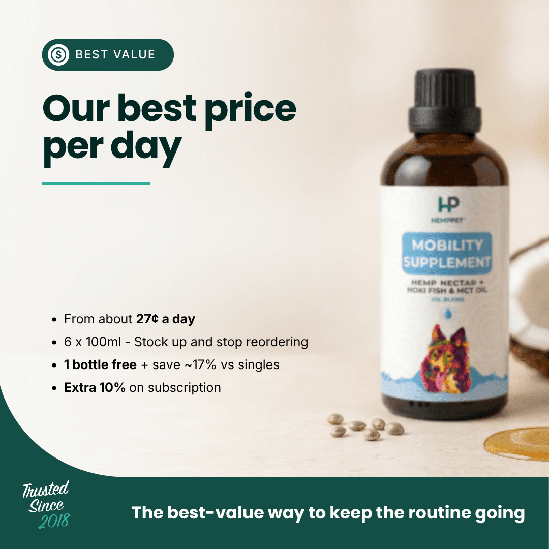 Mobility Supplement | Hemp Seed Oil Blend With Hoki Fish & MCT Oil for Dogs | Buy 5 get 1 Free - HempPet.com.au