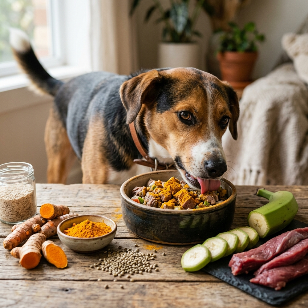 Dog eating from the bowl