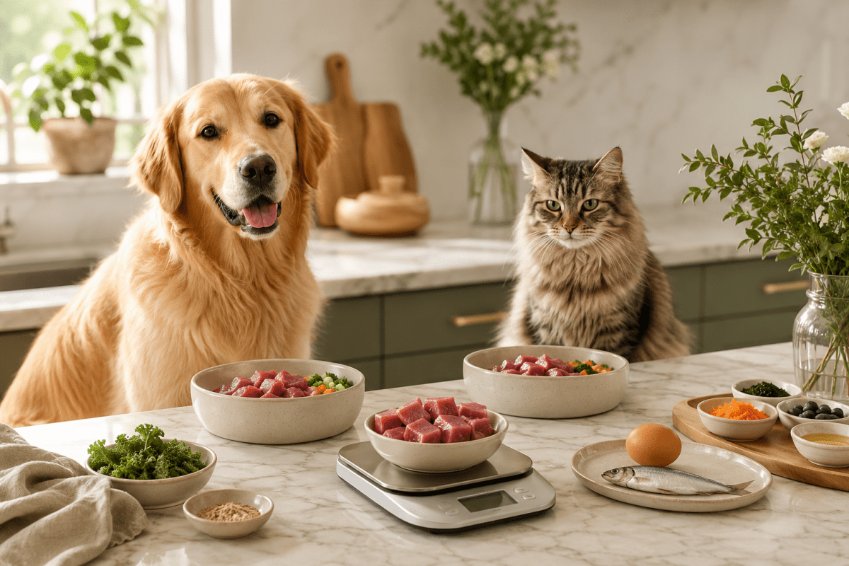 Dog bowl, kitchen scale and raw feeding ingredients prepared for a daily feeding estimate.