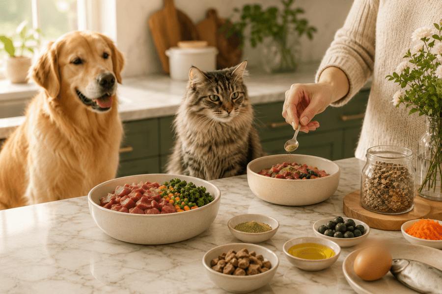 Pantry-friendly meal toppers and dog bowl arranged for easier raw feeding prep.