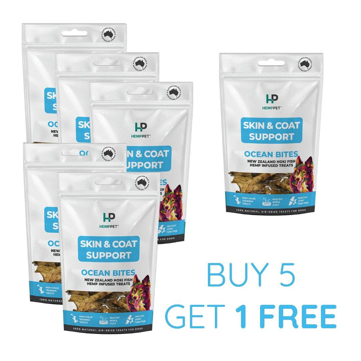 Skin & Coat Support | New Zealand Hoki Fish Hemp Infused Treats for Dogs 70g | Buy 5 get 1 Free - HempPet.com.au