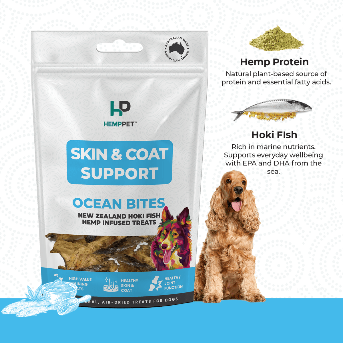 Skin & Coat Support | New Zealand Hoki Fish Hemp Infused Treats for Dogs 70g | Buy 5 get 1 Free - HempPet.com.au